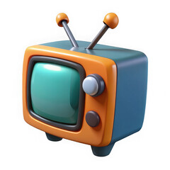 A colorful 3d render of a retro television with orange and blue accents on black background
