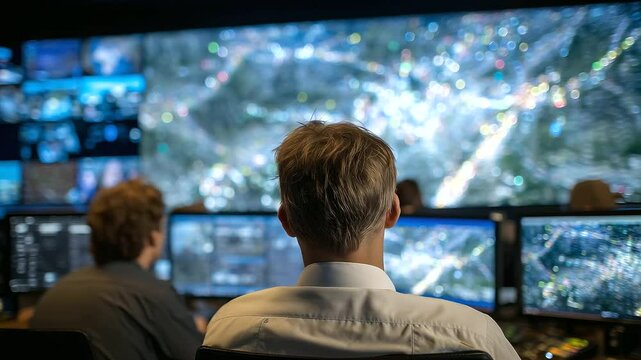 Wide-angle shot of a coordination center during a national emergency, with rescue experts analyzing live infrastructure damage reports and traffic data overlays