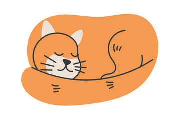 Vector isolated flat illustration of a curled up sleeping ginger cat. Perfect for pet-themed designs, relaxation concepts, children projects, or cozy lifestyle visuals.