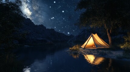 Illuminated Tent by a Calm Lake under a Starry Night Sky Camping Adventure
