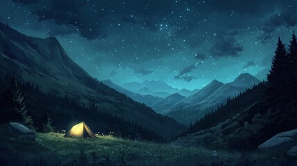 Illuminated Tent in a Mountain Valley Under a Starry Night Sky Landscape