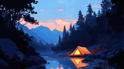Illuminated Tent at Riverbank Camping with Mountain Views at Dusk