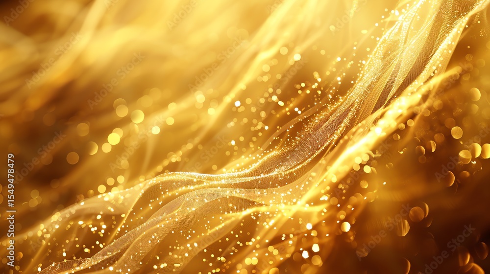 Poster golden abstract background with smooth gradient and glowing particles.
