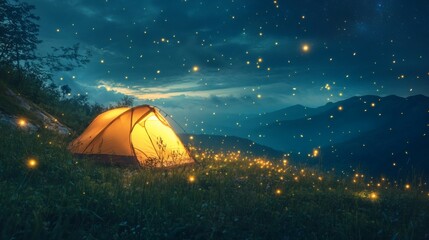Camping tent glowing at dusk with fireflies in a mountain meadow
