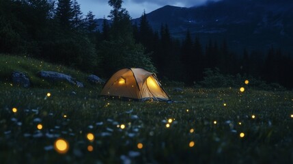 Illuminated Tent Amidst Fireflies in a Grassy Field at Dusk