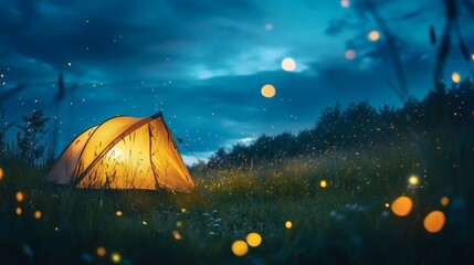 Illuminated Camping Tent Amidst Grass Field at Dusk with Fireflies