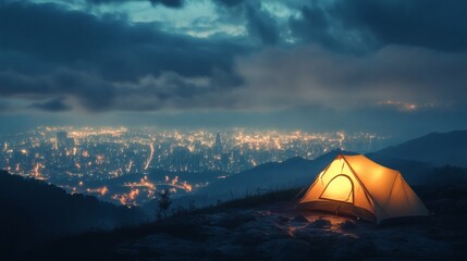 Illuminated Tent Overlooking Distant City Lights Under Overcast Night Sky