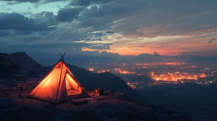 Illuminated tent on mountaintop at dusk with distant illuminated city lights