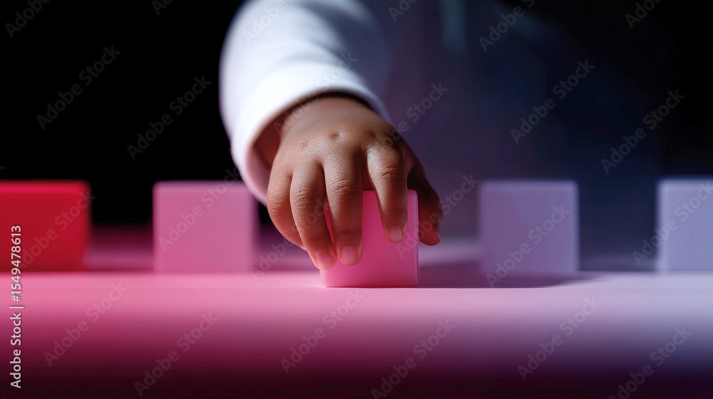 Aufkleber a child reaches for a pink block in a playful scene. soft lighting creates a calming atmosphere. thi