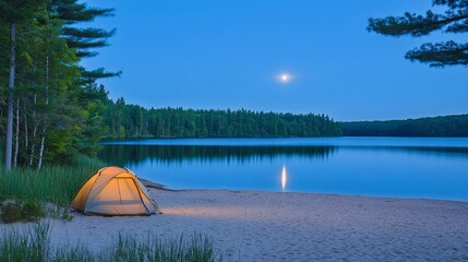 Illuminated Tent on Sandy Lakeshore at Night Under Full Moon with Tree Reflections