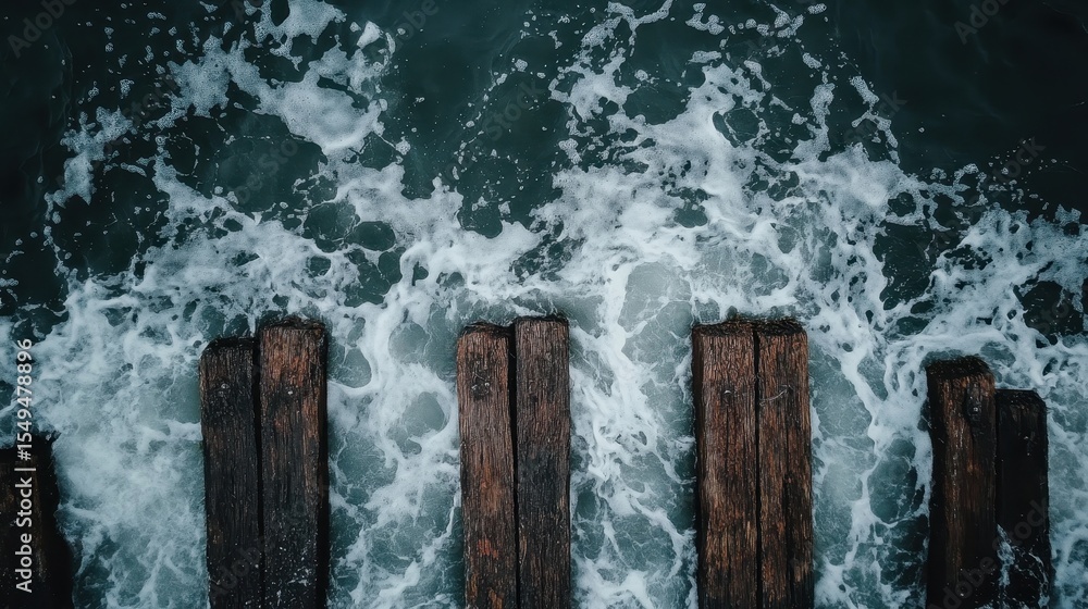 Poster an aerial view of waves crashing against a wooden dock, encapsulating the raw power of nature and th