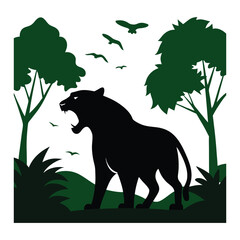 Roaring Black Tiger Silhouette Jungle Green Trees Birds Dark Forest Wildlife vector
