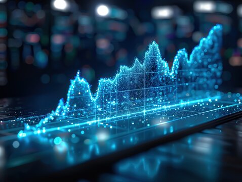A glowing 3D digital stock chart represents market trends, finance data, and analytics in a high-tech trading environment.