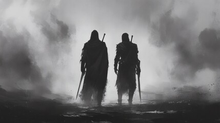 Two Warriors in Cloaks Walk Across a Wasteland in a Monochrome Landscape