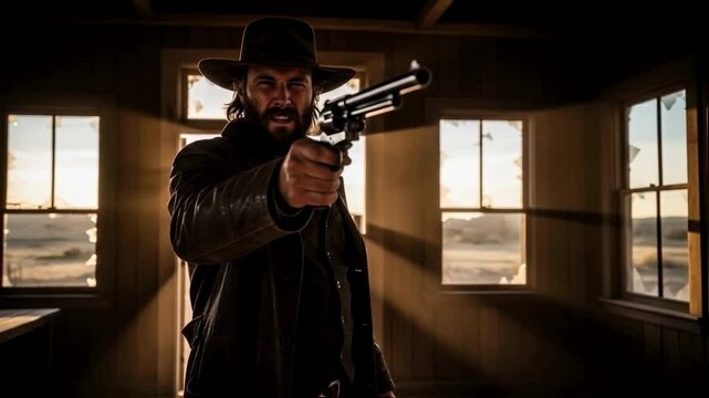 Cowboy in a duster coat and hat aims a revolver inside a rustic wooden building with sunlight streaming through windows, evoking a dramatic western standoff or frontier justice for film themes