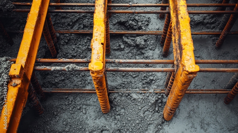 Poster close-up view of construction materials featuring steel reinforcement bars embedded in wet concrete,