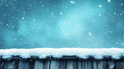 Snow Covered Fence with Falling Snowflakes Against Blue Gradient Sky