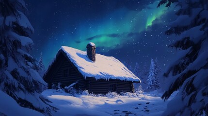 Snow Covered Cabin Home Under the Northern Lights at Winter Solstice