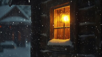 Illuminated Window of Rustic Log Cabin in Winter Snowfall Scene at Night