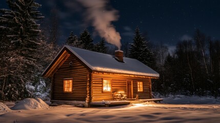 Cozy Winter Cabin Glows Warmly Under Starry Night Sky