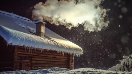 Wooden Cabin in Winter with Smoke from Chimney and Snow Covered Roof
