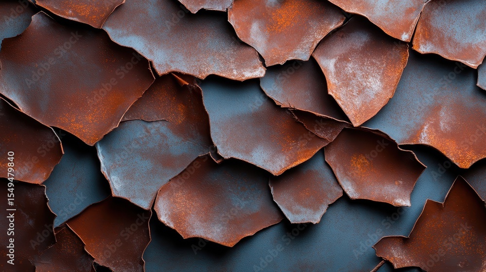 Poster an artistic close-up image of layers of rusty metal sheets that create a captivating texture, ideal 