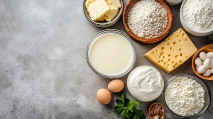 A visually enticing arrangement of assorted dairy products set against a light backdrop, perfect for food photography focusing on culinary versatility and richness.