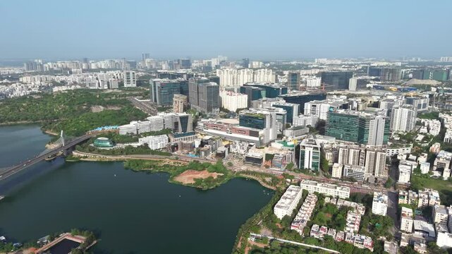 Hyderabad, India: Aerial view of modern office buildings skyline in capital and largest city of Indian state of Telangana - landscape panorama of South Asia from above
