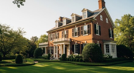 Fototapeta premium Historic colonial-style home with brick facade and black shutters, lit by soft afternoon light