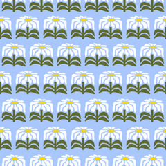 Seamless pattern with hand drawn flowers on a blue background. Cute floral minimal print. White, green and blue colors. Vector illustration