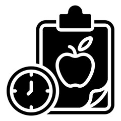 Diet Schedule - Glyph Black Fill Silhouette Style Icon - clipboard with an apple and clock, illustrating a timed diet or nutrition plan