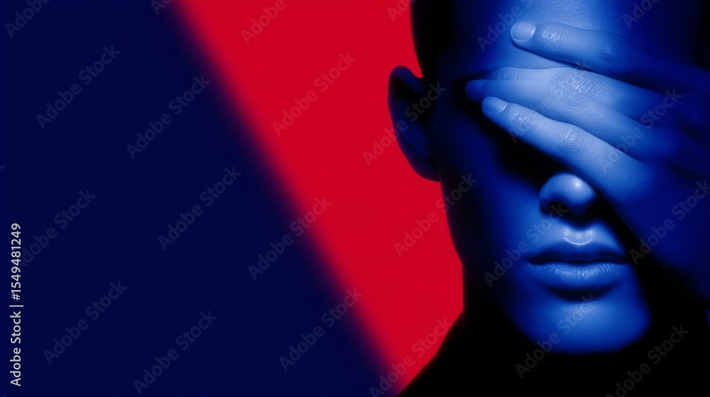 Poster this captivating image features a stylized portrait of a figure partially obscured by a hand. the co
