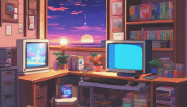Pixel art interior in PC-98 retro 16-bit Japanese style, cozy 90s bedroom of a computer nerd, messy desk with old CRT monitor glowing. Nostalgic lo-fi atmosphere, with dust, noise, grainy texture