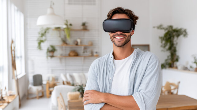 Cheerful young man in VR headset playing online game in virtual reality, driving imaginary car in neon light. millennial man using car simulator in cyberspace, collage