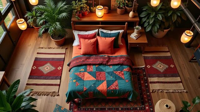 Romantic Bohemian Bedroom Decor Featuring Patchwork Quilts Lanterns Overhead View 4K Footage Ideal for Interior Design Travel Blogs and Home Decor Websites