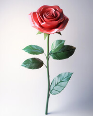 Fototapeta premium A single red rose with green leaves and stem on a plain background, close up view