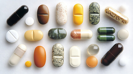 Assorted Medications and Supplements Displayed on a White Background