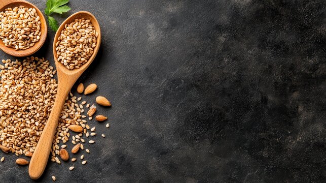 An artistic arrangement of sesame seeds and almonds in wooden bowls creates a visually appealing display of natural ingredients, emphasizing healthy cooking and nutrition.