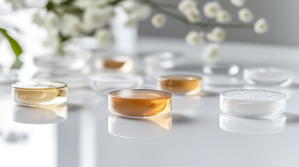 Petri Dishes with Liquid Samples on Reflective Surface, Floral Background