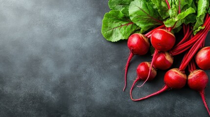 A collection of freshly harvested red beetroots with bright green leaves against a textured background, showcasing organic produce at its best and emphasizing freshness and health.
