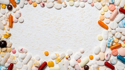 Assorted colorful pills arranged in a circular frame on a white background