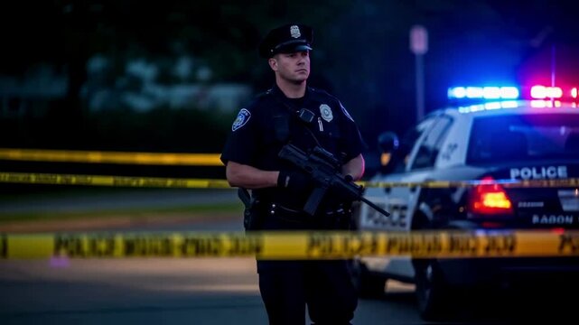 Police officer stands guard at a crime scene cordoned off with yellow tape, a police car with flashing lights in the background, representing law enforcement, investigation, or public safety