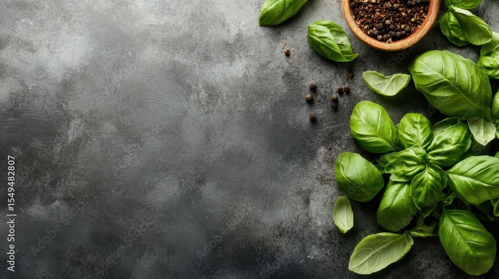 Poster fresh basil leaves with a sprinkle of spices on a dark slate background create an appealing composit