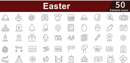 Easter Celebration Line Icons: Eggs, Bunnies, Church & Spring Holiday Vectors. Editable Stroke 