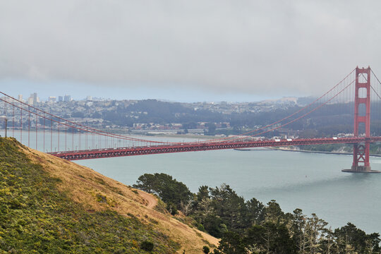 Golden Gate Bridge View from Marin Headlands with Foggy Sky
