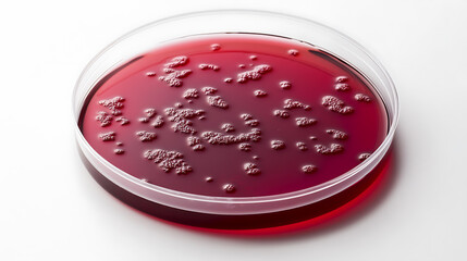 Petri Dish with Red Culture Medium and Microbial Colonies