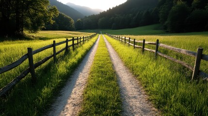 Fototapeta premium A breathtaking view of a dirt path meandering through lush green fields, leading to a serene mountainous backdrop, inviting calmness and exploration.