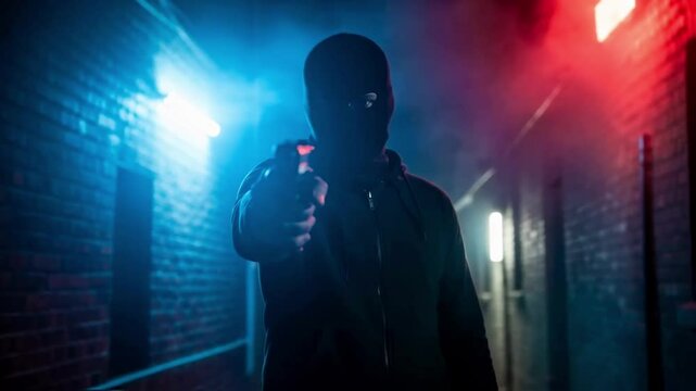 Menacing figure in a balaclava points a gun in a dark alley illuminated by blue and red light, creating a tense atmosphere of crime, danger, or a criminal thriller narrative for suspense - Powered by Adobe