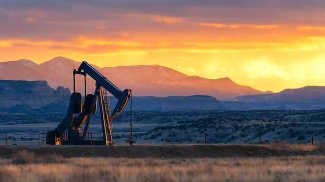 A high-contrast image of an oil pump in motion under an orange sky, framed by distant hills and gritty terrain symbolizing energy dependence