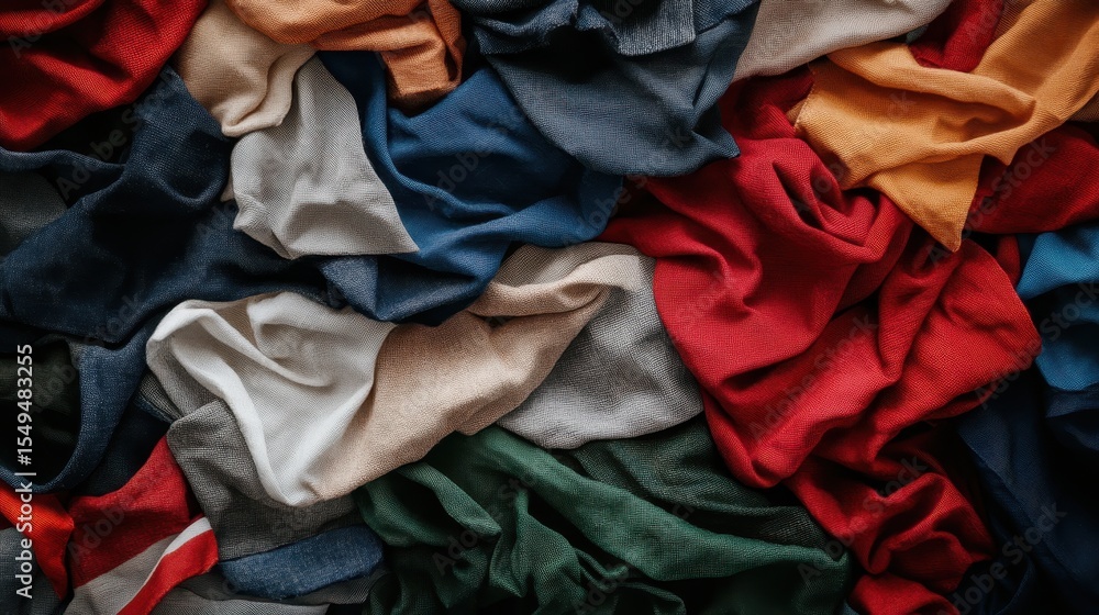 Poster an artistic composition of colorful textiles piled together, showcasing a variety of textures and hu